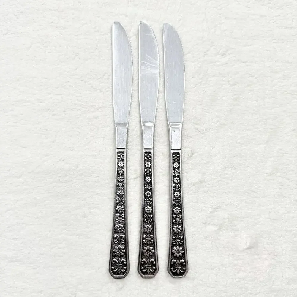 3 Interpur FLORENZ Stainless 8 Petal Black Textured Dinner Knives Korea Flatware